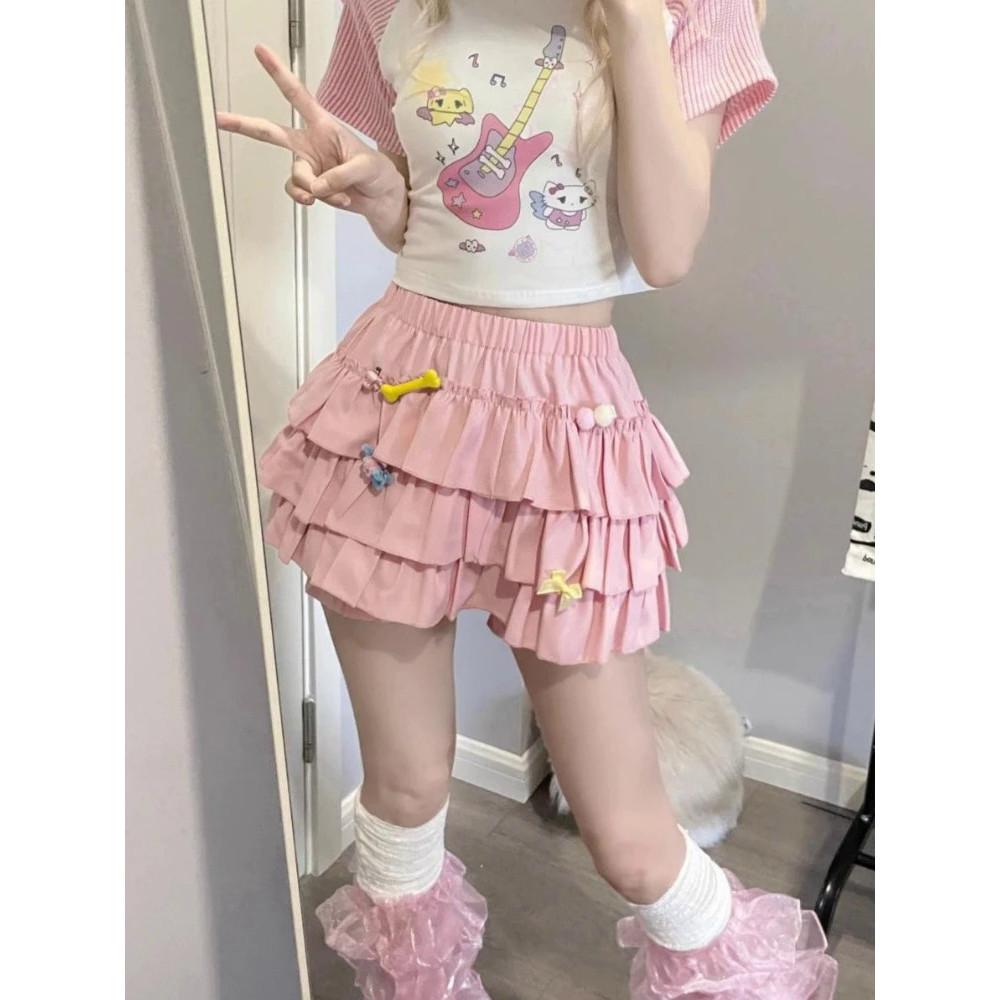 DEEPTOWN Kawaii Lolita Skirt Women Ruffle Layered High Waist Cutecore Mini Skirt Shorts Harajuku Jap