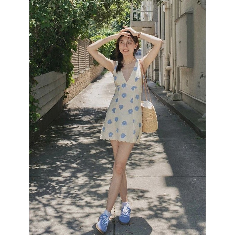 Bunga tabrakan lembut vintage bunga v-neck gaun tanpa lengan tanpa lengan gadis manis wanita tempera