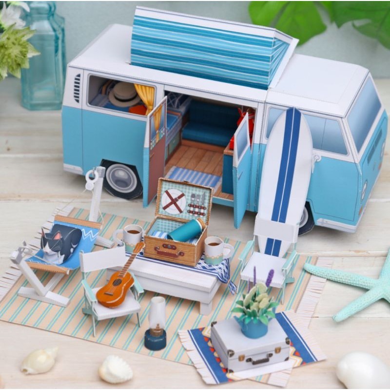 Lembaran pola papercraft mobil vw biru rekreasi (CP-AgE35)
