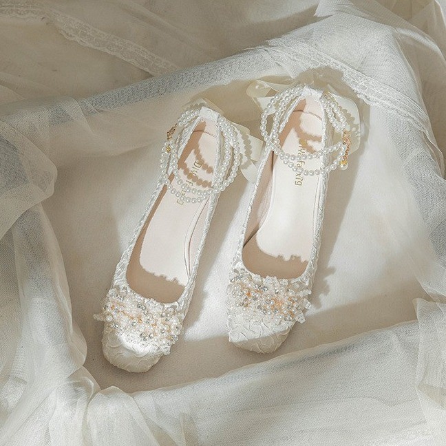 French Mary Jane Shoes Bridal Shoes Women's Chunky Heel Wedding Dress  Pregnant  Bridesmaid Shoes