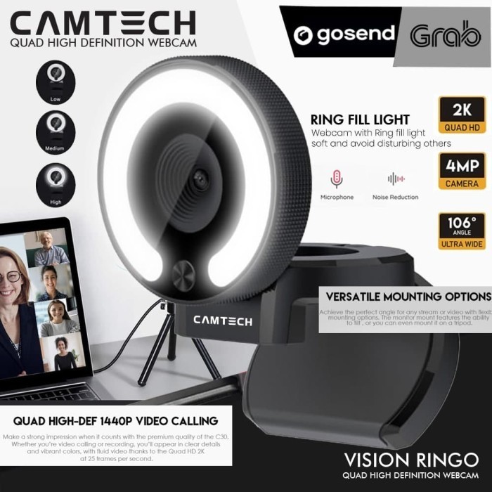 Camtech Ringo Webcam Qhd 1440P 2K 4Mp With Led Light Auto Focus