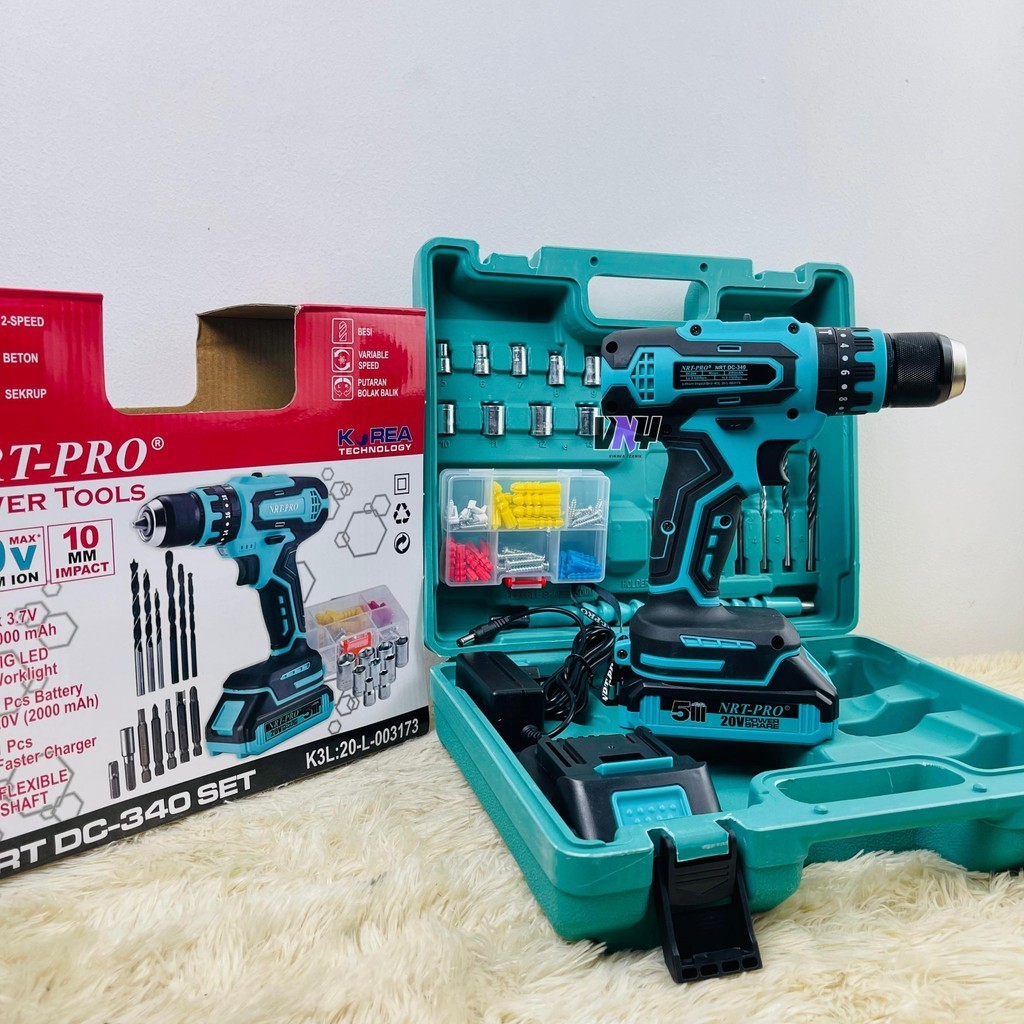 Bor Baterai 20 Volt DC 340 HD SET NRT PRO 5 Cell Bor Cas Bor Cordless