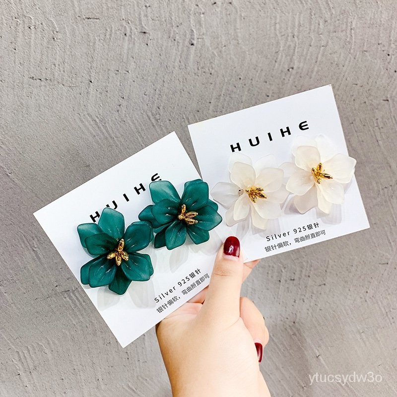 925Anting Jarum Perak Anting Bunga Akrilik Mode Dongdaemun Besar Kelopak Super Peri Baru Grosir