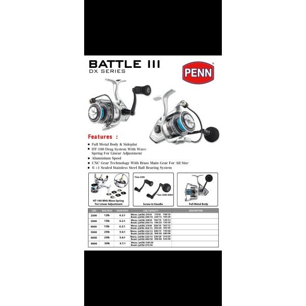 reel penn battle III dx series 5000 silver power handel