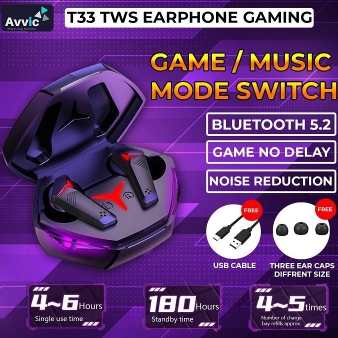 Ptr T33 Tws Headset Bluetooth Wireless Gaming Earphone Full Bass Gernicaa