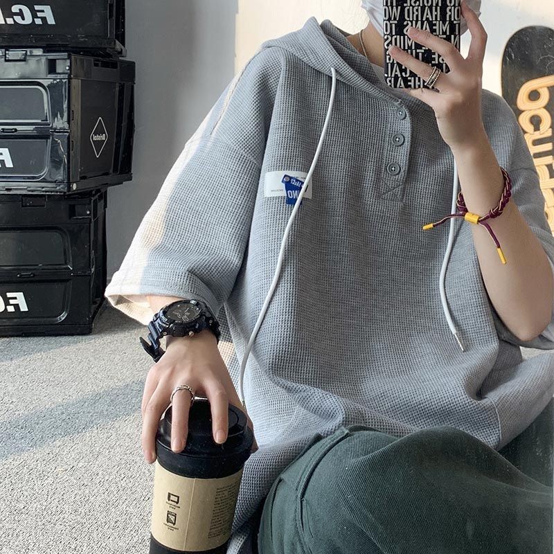 Wafel Bertudung Lengan Pendek Sederhana Gaya KoreaTKaus Hoodie Lengan Pendek untuk Pria, Kaos Atasan
