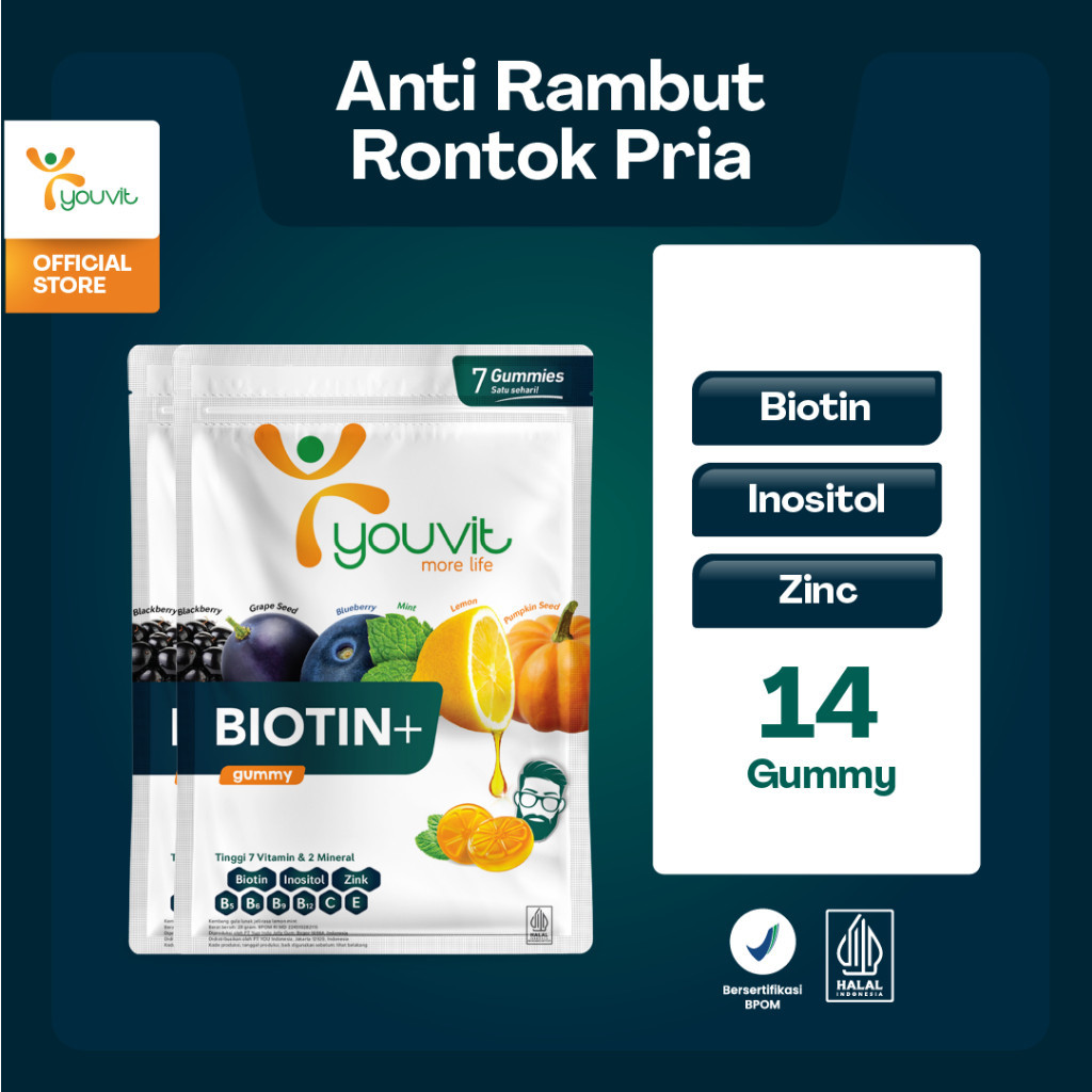 Biotin Gummy untuk Vitamin Rambut Rontok Pria | Youvit Biotin+ for Men 14 Hari