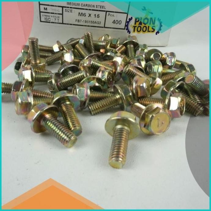 Baut Flange 6x15 mm kuning kunci 10 Bo Flange kuning Baut Topi Flange