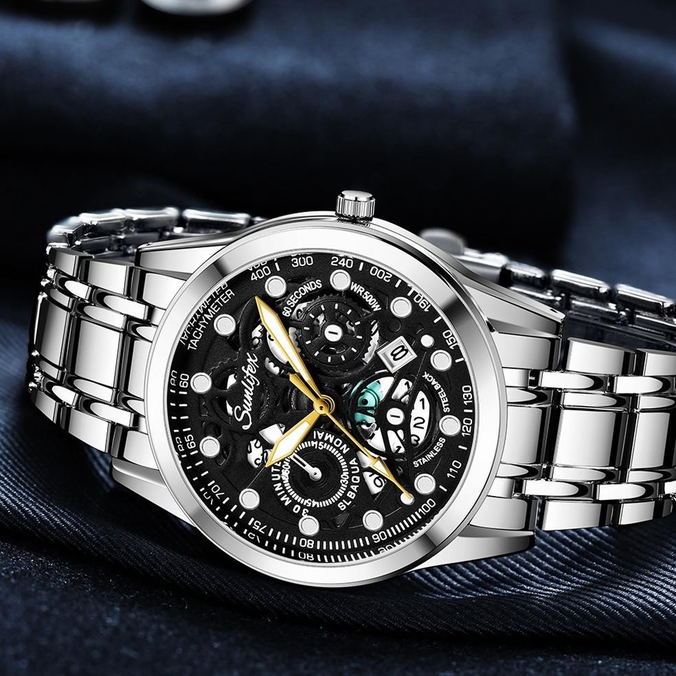 SUNLIFEX JAM TANGAN PRIA  9001 ORIGINAL DISPLAY KUARSA ANTI AIR TALI STAINLESS STEEL SANTAI MODE JAM