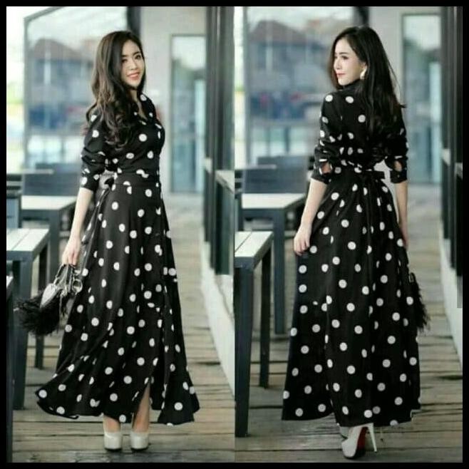 (MURAH) GAMIS DRESS PANJANG HITAM POLKADOT PUTIH POLKA SERRA Silahkan diorder