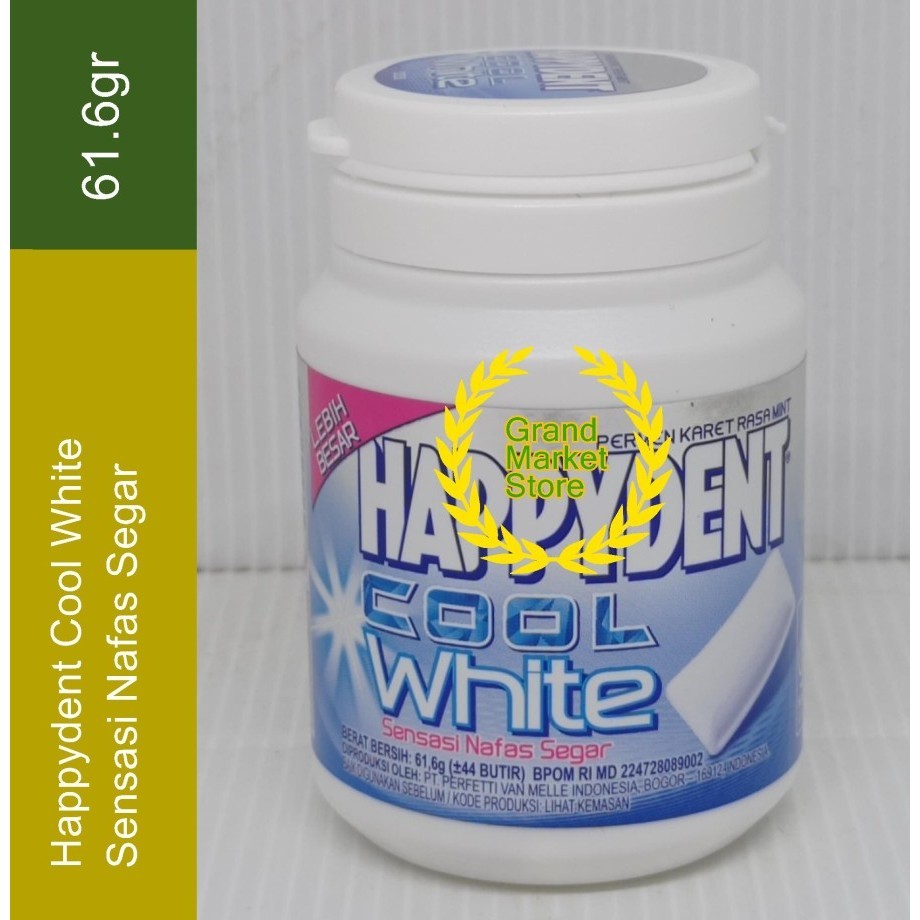 

Happydent Cool White Bottle 61.6g Permen Karet Rasa Mint 1botol promo! Murah
