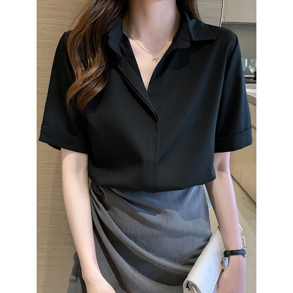 Kemeja Hitam Wanita Musim Panas Desain Tipis Atasan Sifon Niche