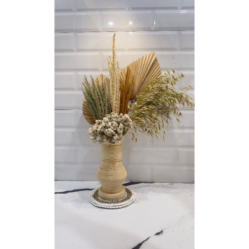 Paket Hemat Bunga Kering dan Vas / Daun Palem Dekorasi Sudut Rustic Aesthetic