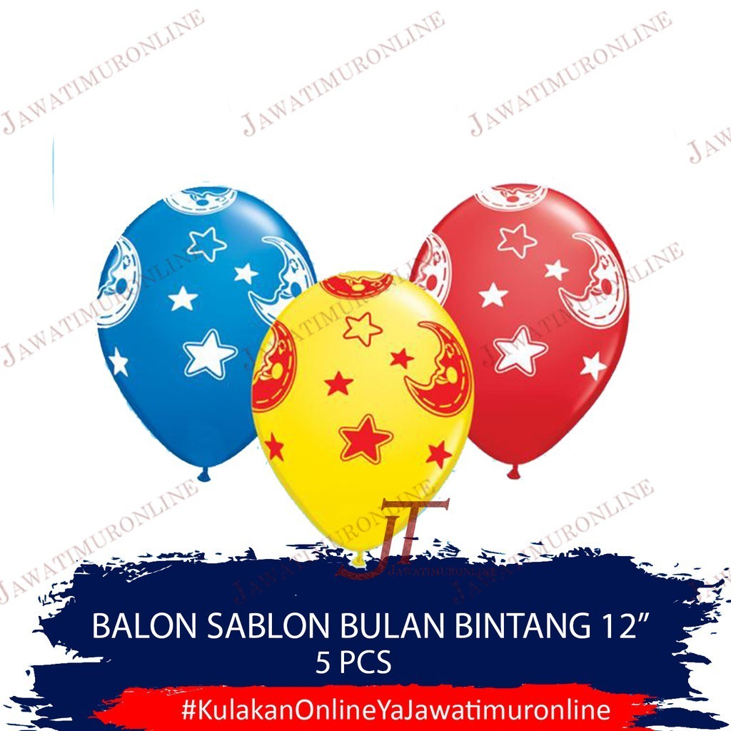 Balon Latex Sablon Bulan Bintang 12 INCI (isi 5 Biji) Balon 12 INCI