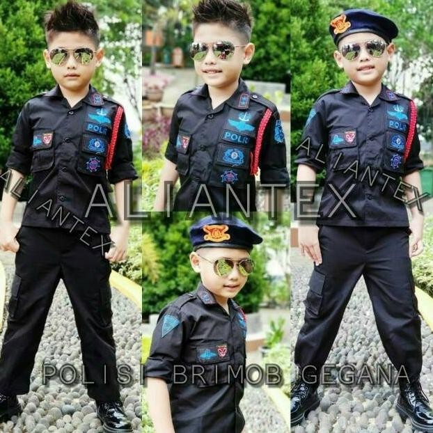TERMURAH Baju Kostum Profesi Brimob Hitam Polisi Anak Laki-Laki Cowok Lengkap