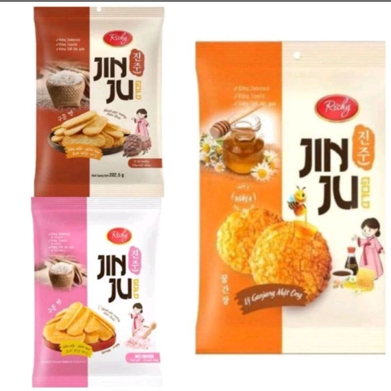 

Richy Jinju Rice Crackers Honey Rice Crackers BBQ Rice Crackers sea salt rice Crackers Vietnam 100gr & 134.4gr