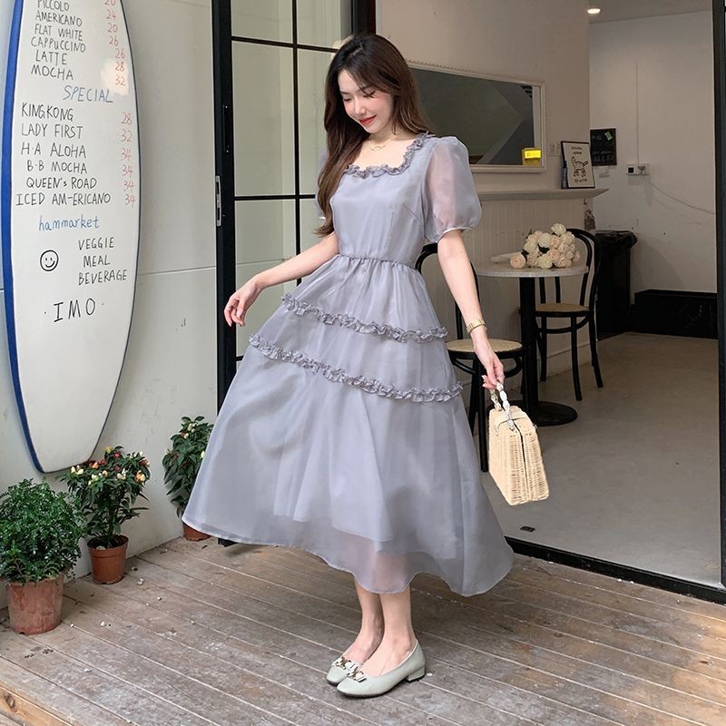 Gaun Wanita Ramping, Elegan Kerah Persegi