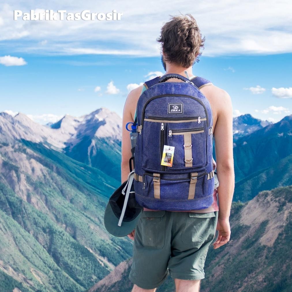 yui-7 Tas Distro Gunung Deka Pria Carrier 40 liter Kanvas Canvas Jeans Denim Warna Navy Bahan Tebal 