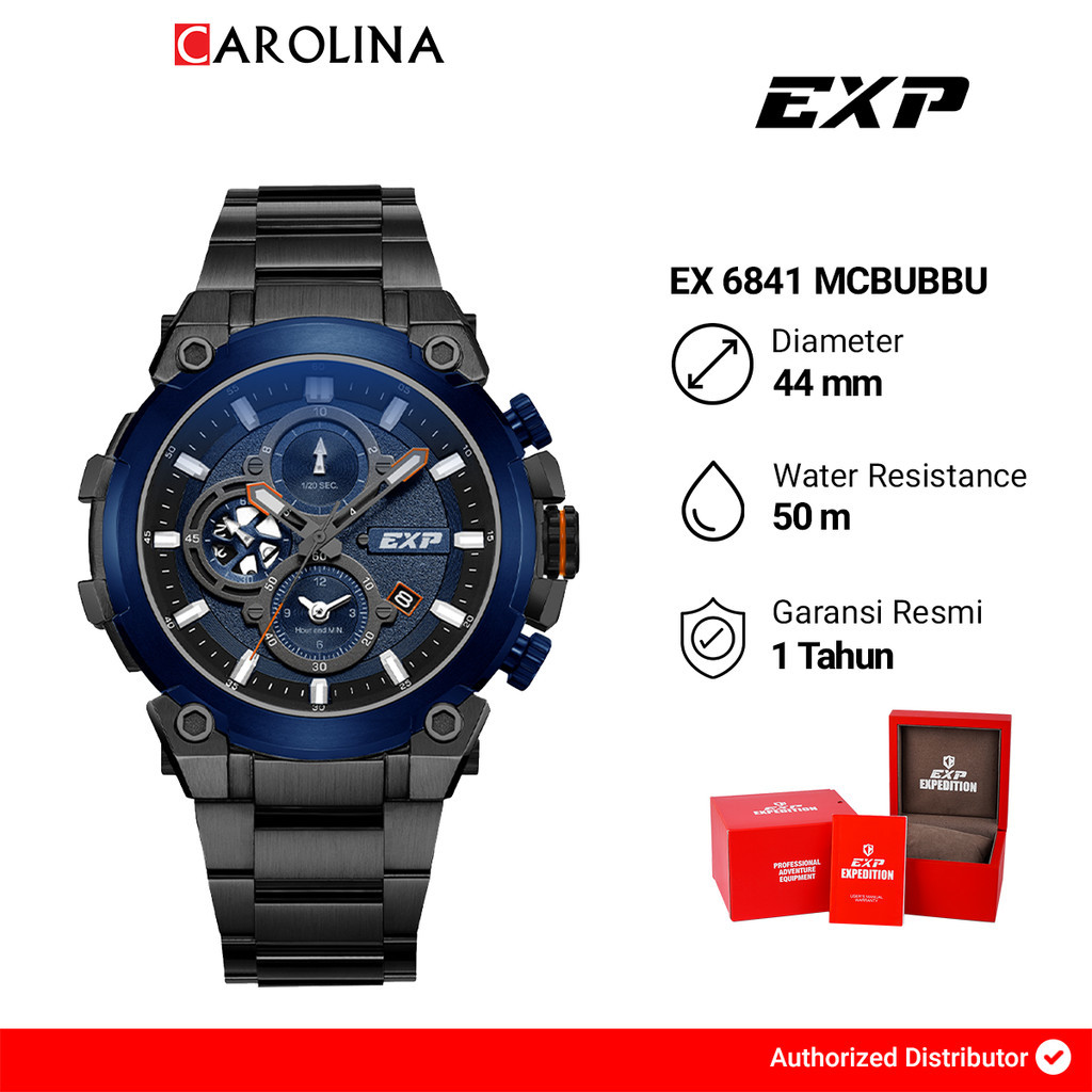 Jam Tangan Pria Expedition EXP Chronograph EX 6841 MCBUBBU Open Heart Blue Dial Black Stainless Stee
