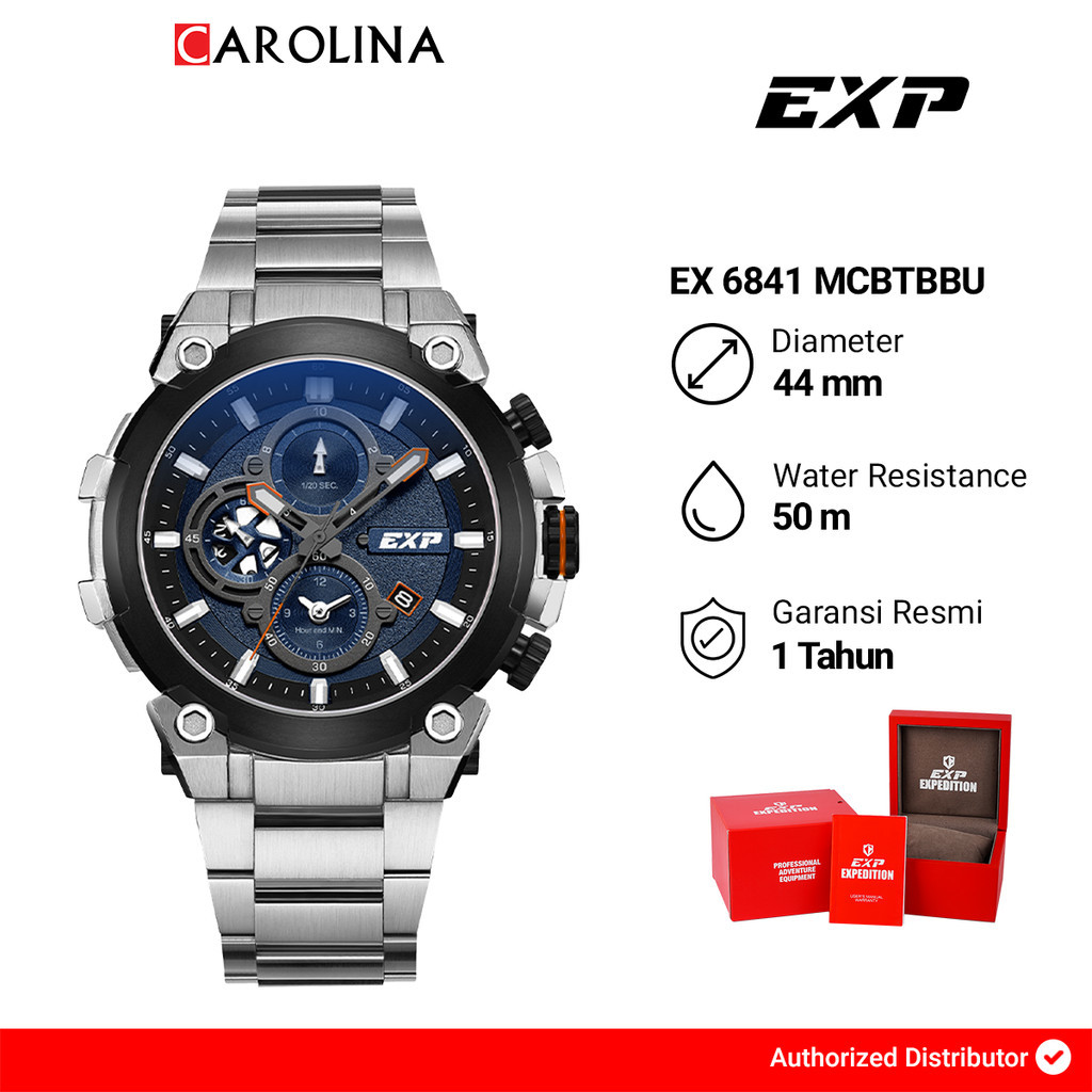 Jam Tangan Pria Expedition EXP Chronograph EX 6841 MCBTBBU Open Heart Blue Dial Stainless Steel Stra