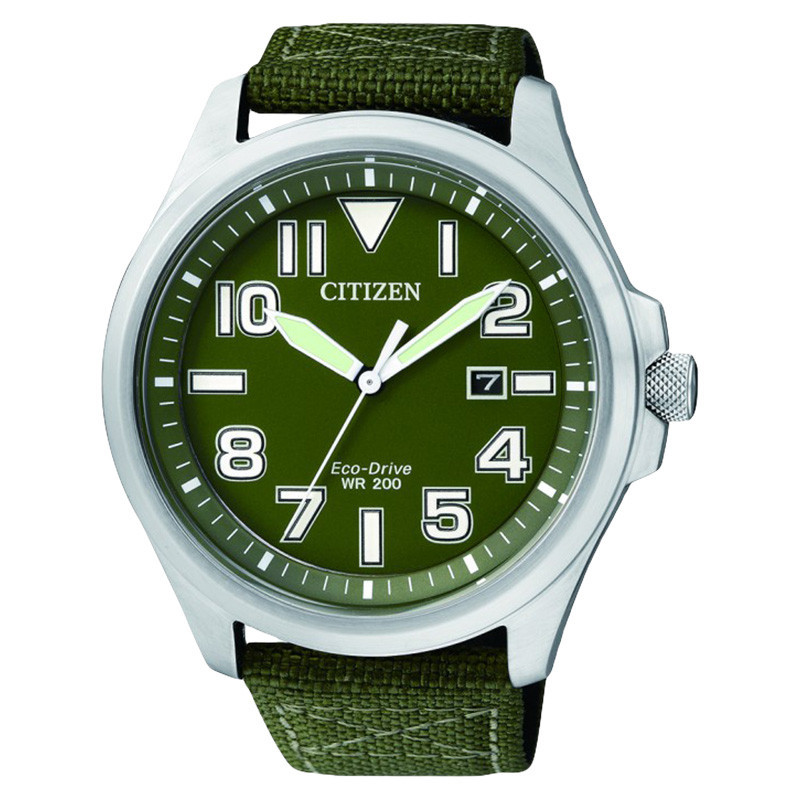 Jam Tangan Pria Citizen Eco-Drive AW1410-32X Men Military WR 200M Green Dial Green Nylon Strap