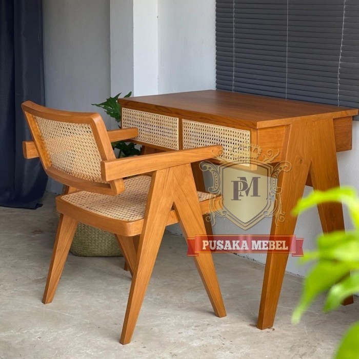 meja kerja minimalis rotan kayu jati jepara, meja kerja minimalis kayu