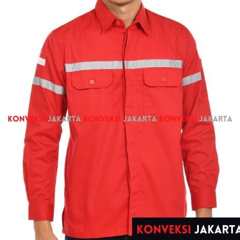 Baju Atasan Seragam Kemeja Proyek Safety K3 Lengan Panjang Merah