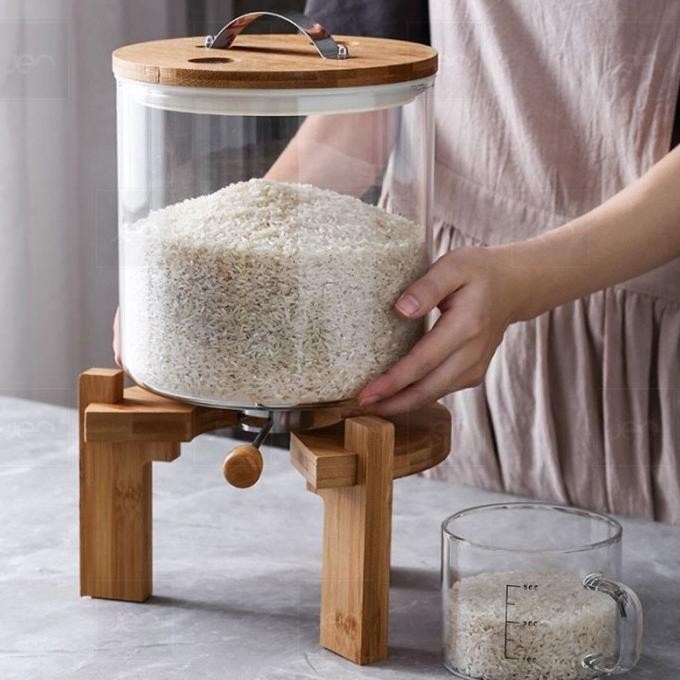 Dispenser Beras Kaca Estetik Dengan Kayu Wooden Rice Box Serbaguna