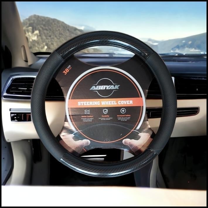 COVER SARUNG STIR MOBIL STEER KULIT SAPI ASLI+KARBON-SETIR KARBON 36CM