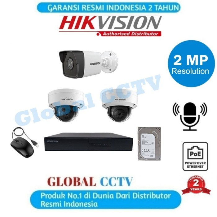 Paket Ip Camera Hik Vision Cctv 3 Camera Nvr 4Channel 2Mp Audio Camera
