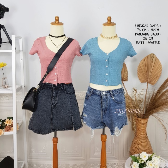 Baju Crop Top V Kancing Waffle / Kaos Crop Top/ Baju Atasan Wanita /
