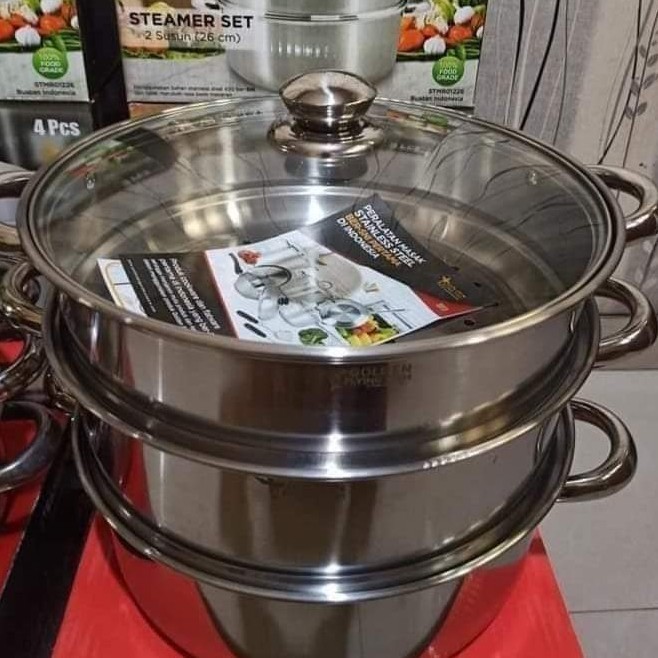 Panci Steamer Susun 3/Golden Flying Fish/Tutup Kaca/30Cm