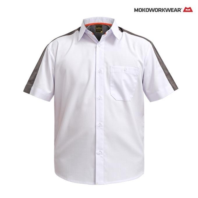 Baju Seragam Kerja Premium Pria Putih List Abu-Abu Mokoworkwear Ori