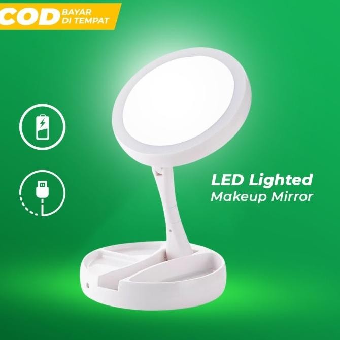 Cermin LED Makeup Mirror Foldable Kaca Rias Dua Sisi Lipat Zoom Putih