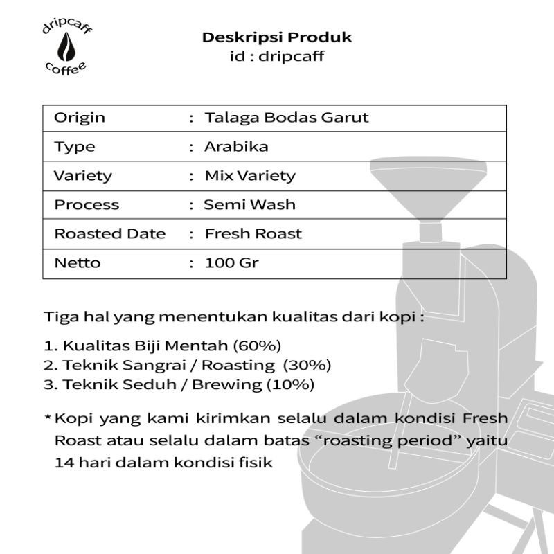 

DRIPCAFF Kopi Arabika Semi Wash Garut 100 Gr Bean Espresso Medium to Dark Jawa Barat Biji / Bubuk