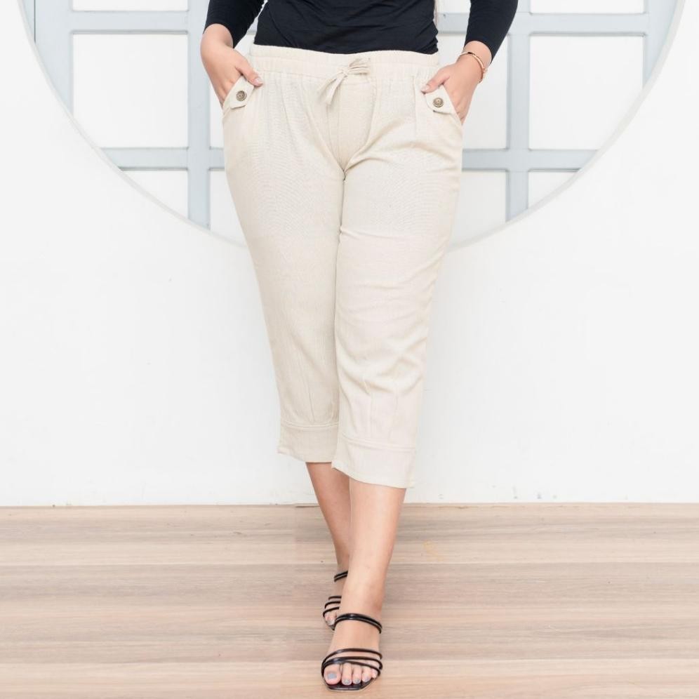 Celana Kulot Jumbo Wanita Linen Cringkle 79 Mode Saku Samping Kancing Uran All Size Dan Jumbo 882 Ba