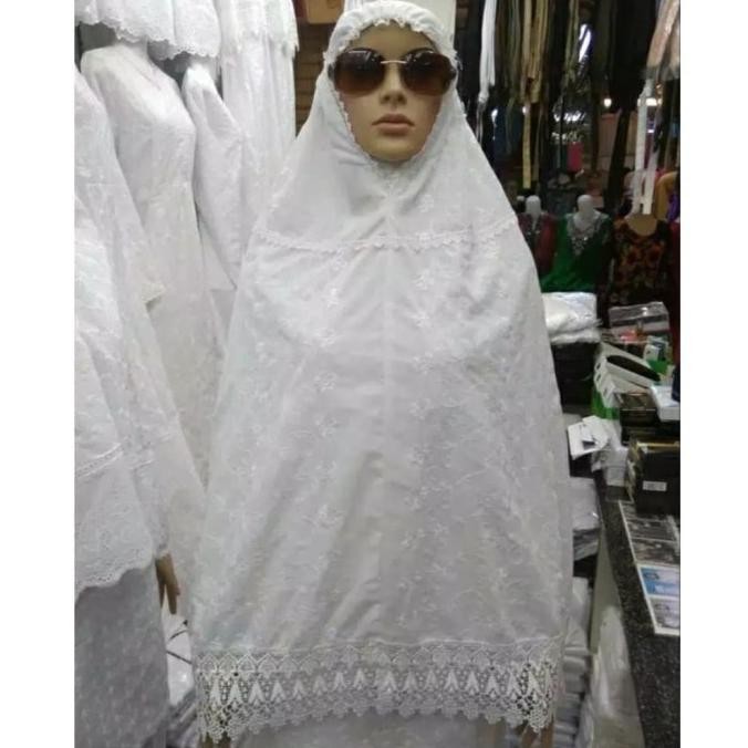 Bergo Katun Jepang Renda Putih Panjang Super Perlengkapan Haji Umroh