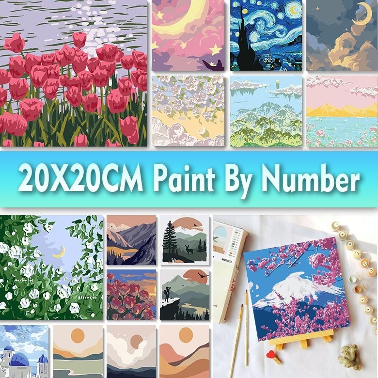 

2er-54 Paint By Number 20x20cm DIY Paint Kit with Frame Digital Painting Landscape Cartoon Anime Series Premium