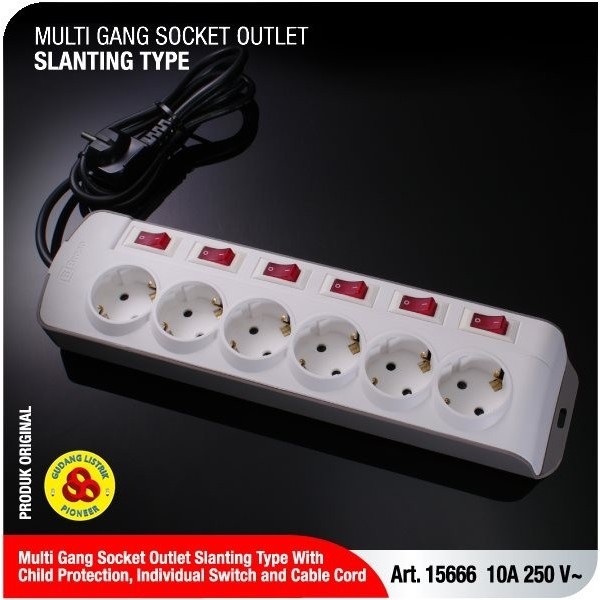 Broco Stop Kontak 6 Lubang Miring Cp 15666 + Saklar Tersendiri + Kabel