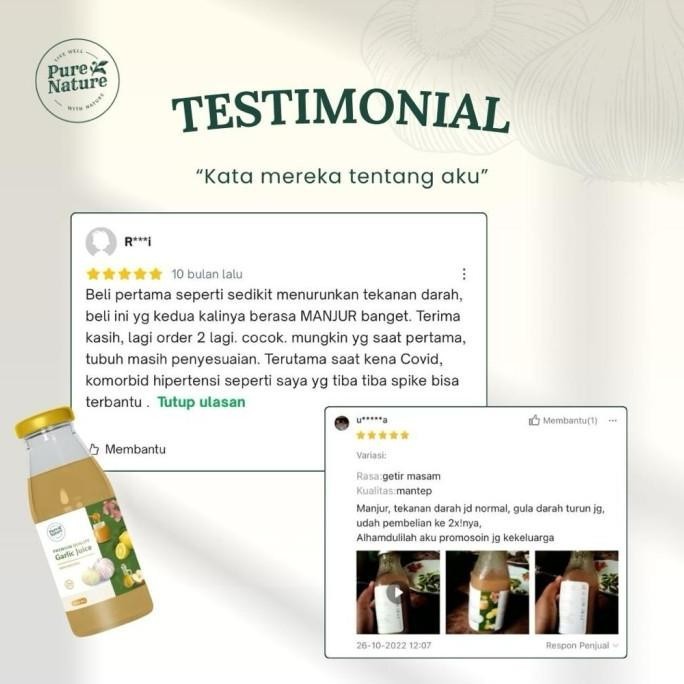 

PureNature NEW Jus Bawang Putih Tunggal Jahe Merah Lemon CukaApel Madu h24c