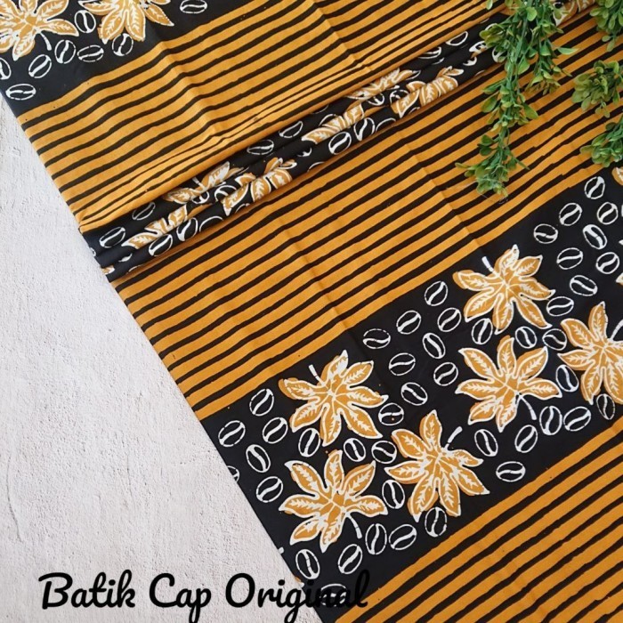 Kain Batik Cap Handmade Daun Kopi Garis ( Kuning Hitam Putih )