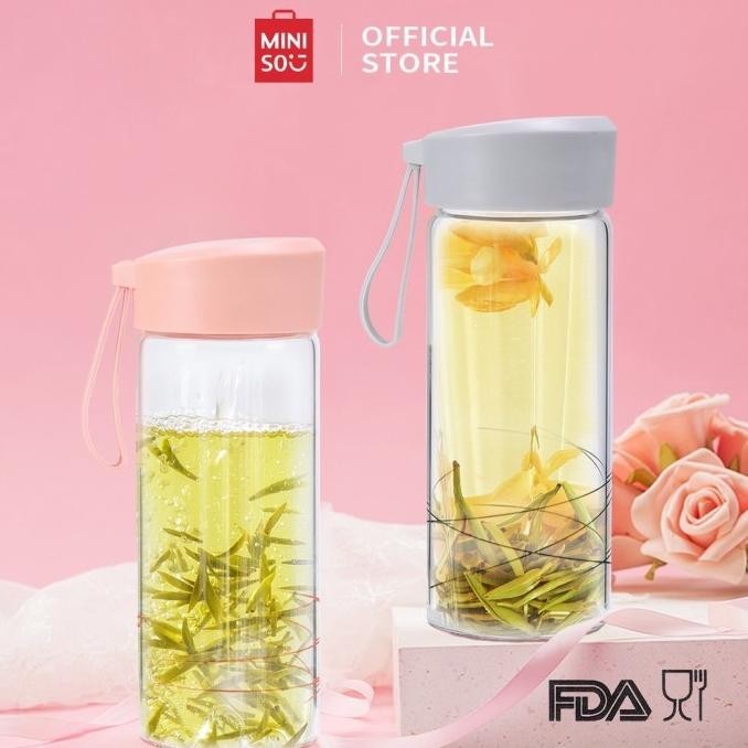 MINISO Botol Minum 300ml Botol Kaca Borosilikat Tinggi dengan Lifting