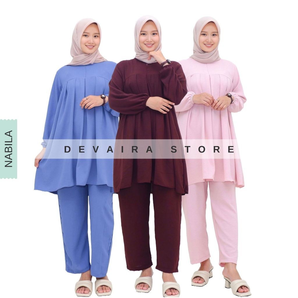 Nabila One Set Crinkle Airflow Setelan Tunik Wanita Dewasa Celana Panjang Busui Kekinian