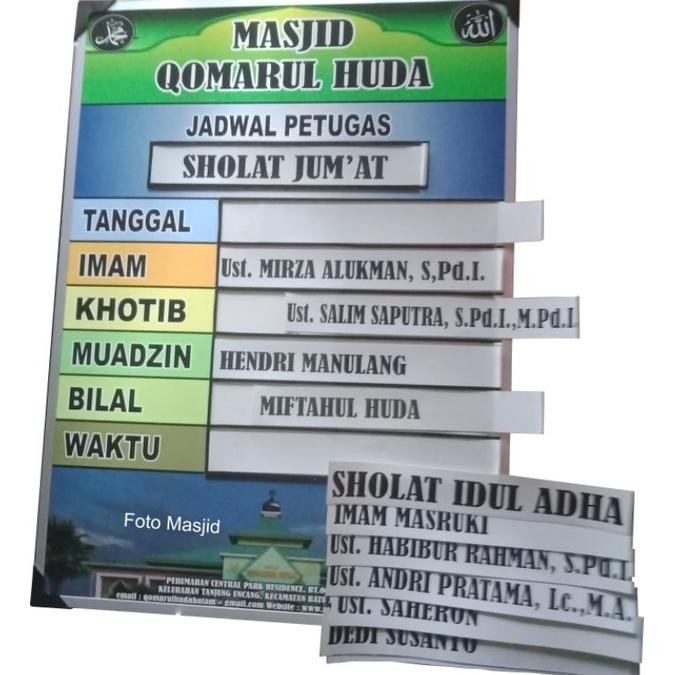 

et-12 PAPAN JADWAL PETUGAS SHOLAT JUM'AT, TARAWIH, IDUL FITRI, IDUL ADHA Berkualitas