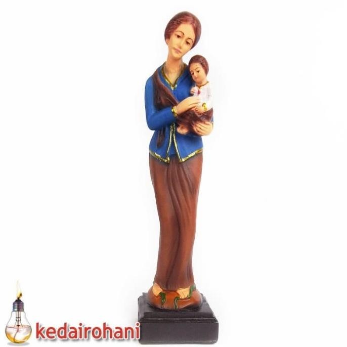 Patung Bunda Maria Jawa Gendong Yesus 30 cm Kebaya Biru Hiasan Rohani LS01