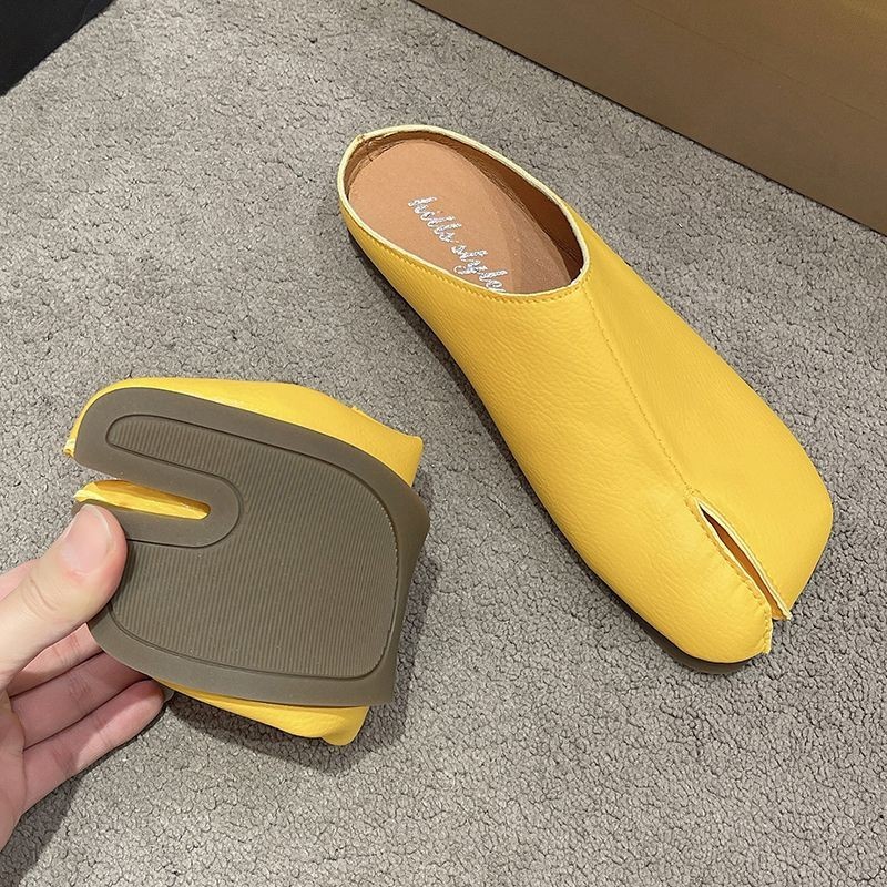 Sepatu Tabi Wanita Gaya Korea, Sepatu Muller Kulit Lembut Datar Ujung Terpisah Kasual