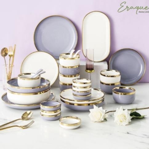 [Ready] Lilac Gold Dining Set 9 Pcs / Set Piring Mangkok Alat Makan Keramik