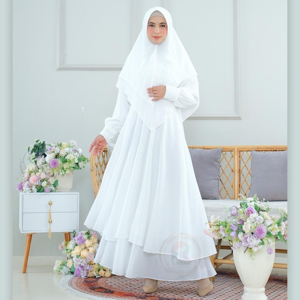 Gamis Umroh & Manasik Haji Putih Set Khimar Bahan Ceruti Badoll Baju Muslim Gamis Wanita Syari Remaj