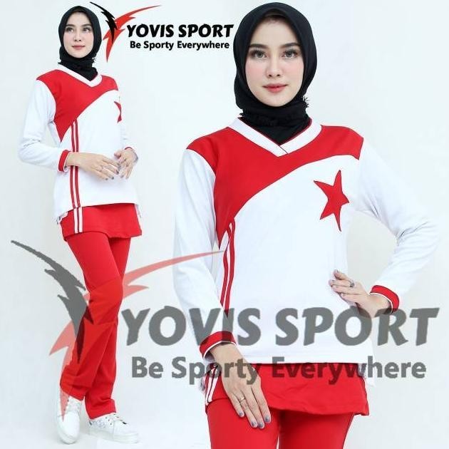 Setelan Bintang senam wanita Yovis Sport / Baju merah putih / Pakaian Olahraga muslimah/Hijab