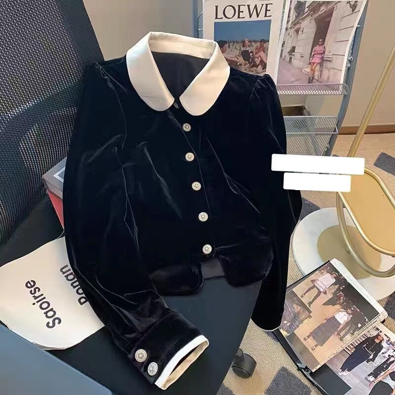 Kaos Polo Velvet Wanita, Atasan Hitam Kerah Polo